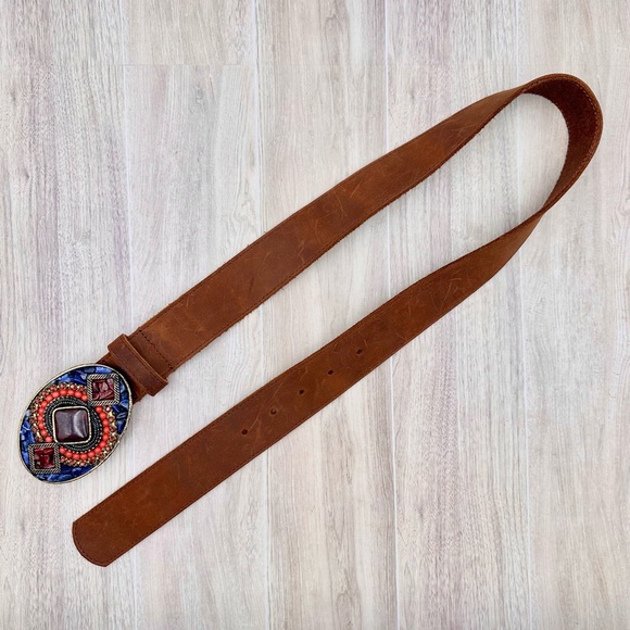 Leatherock Brown Leather Belt w/ Beautiful Stone Embellished Buckle XS 28”-32” main image 4